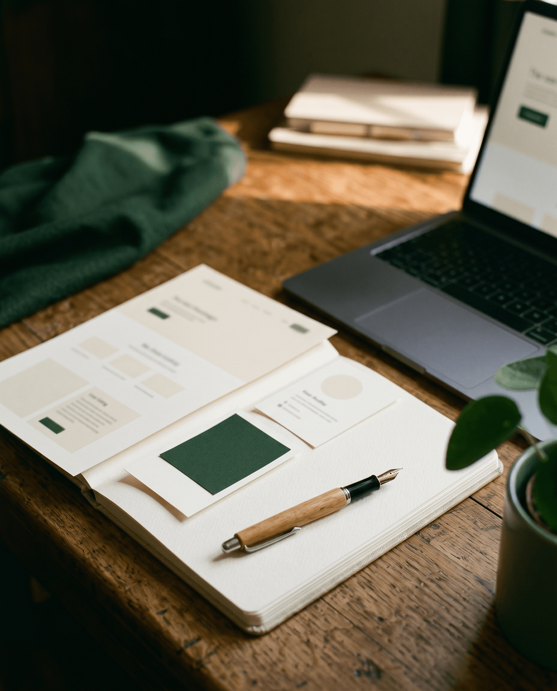A therapist's desk with a paste-ready Psychology Today profile, Google Business Profile, and website pages laid out, written and ready to use