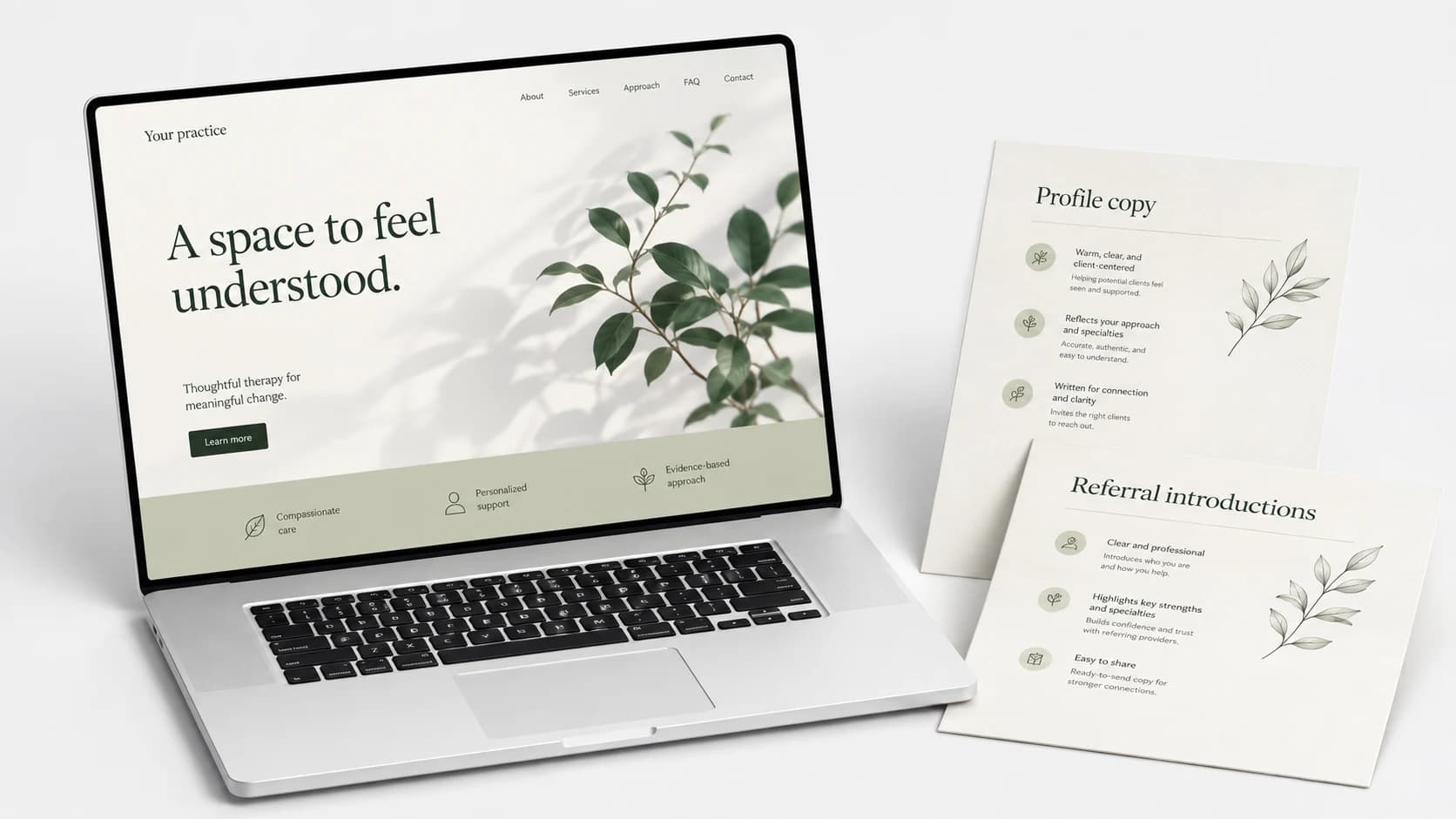 Illustration of a sample practice website, profile copy and referral introductions.
