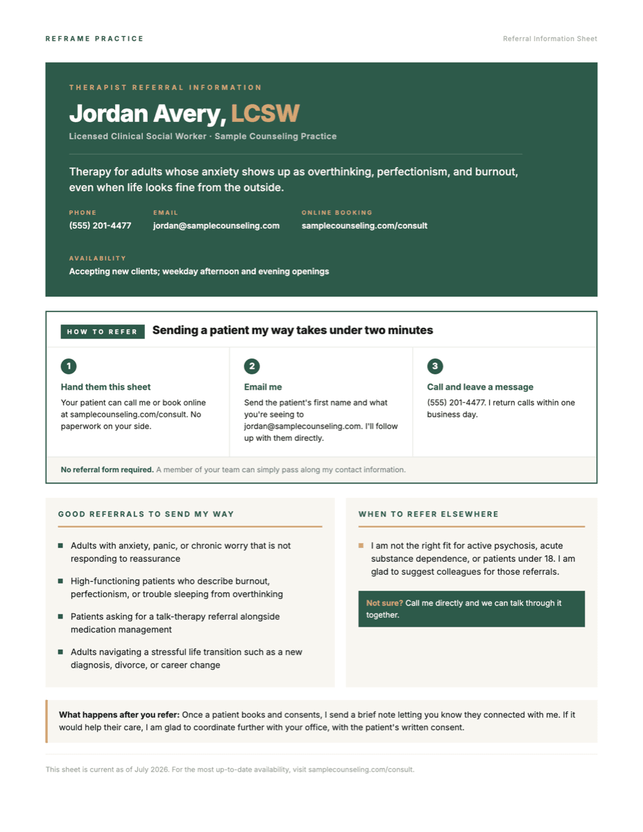Sample provider one-pager from the Referral Partnerships Starter Kit, filled in for a fictional therapist named Jordan Avery: a green masthead with the niche statement, a three-step how-to-refer card, and good-fit and refer-elsewhere columns